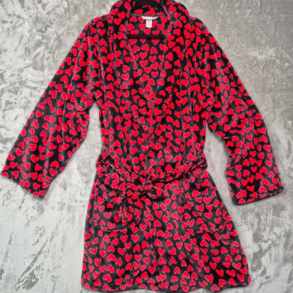 Victoria's Secret Red Heart Print Black Plush Fleece Robe ML